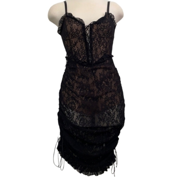 For Love And Lemons Size M Lace Ruched Black Dress Lace Up Midi Adjustable Strap - Picture 6 of 7
